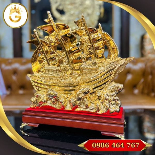 Mô Hình Thuyền Bằng Đồng Mạ Vàng 24K