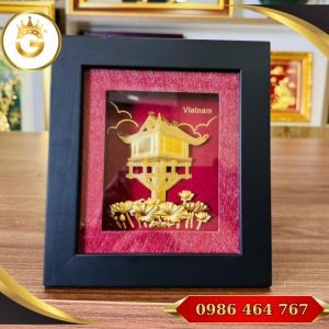 Tranh Chùa Một Cột dát vàng 24K